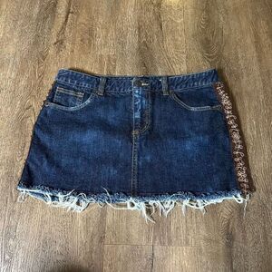 Vtg Y2K The Limited Stretch Mini Skirt Denim Raw Hem Floral Sequin Accents sz 6